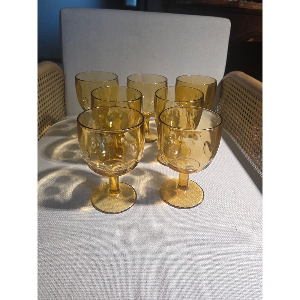 Set of 7 VTG Bartlett Collins Amber Thumbprint Water Wine Goblets 6.25"
